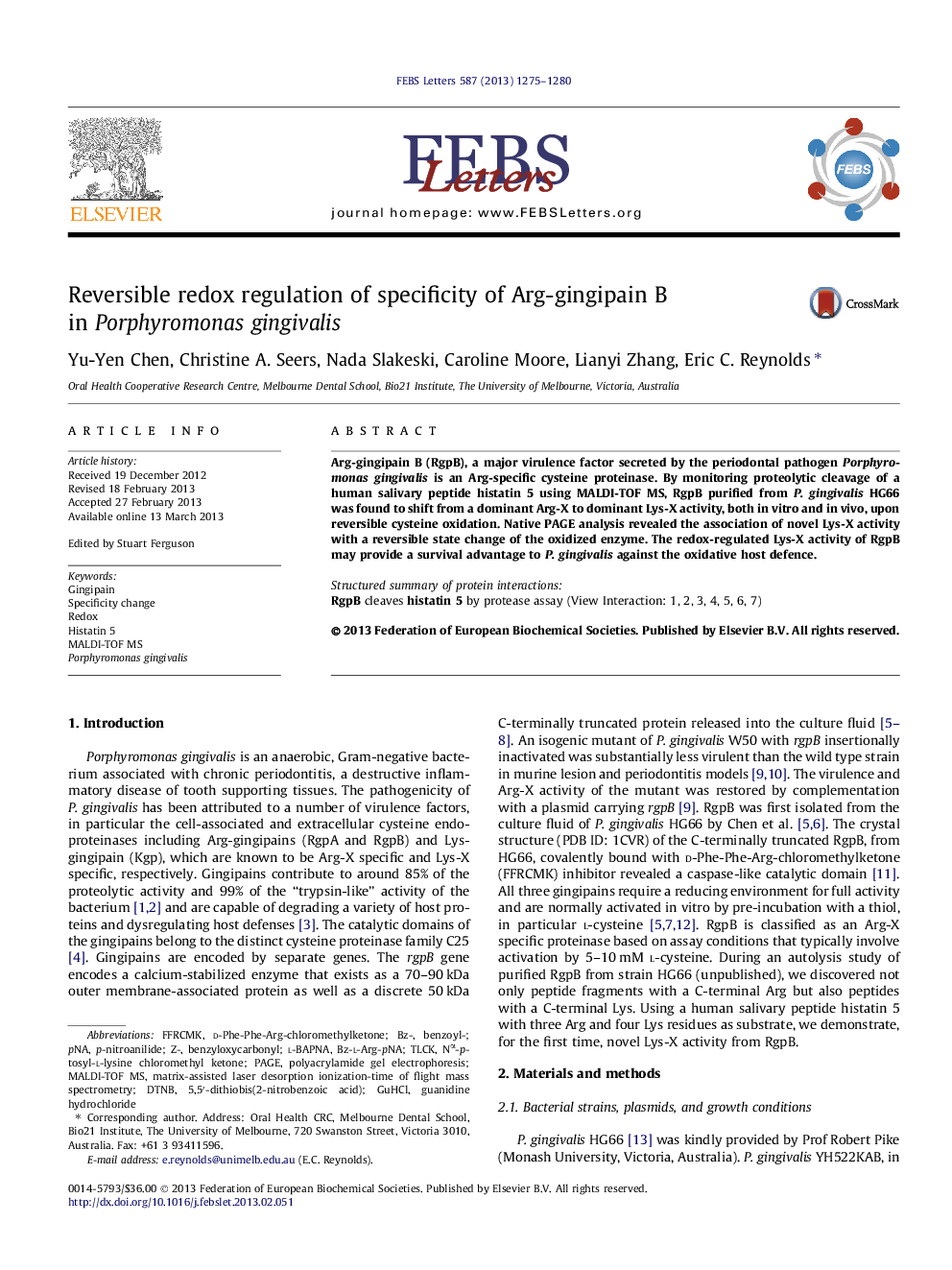 Reversible redox regulation of specificity of Arg-gingipain B in Porphyromonas gingivalis