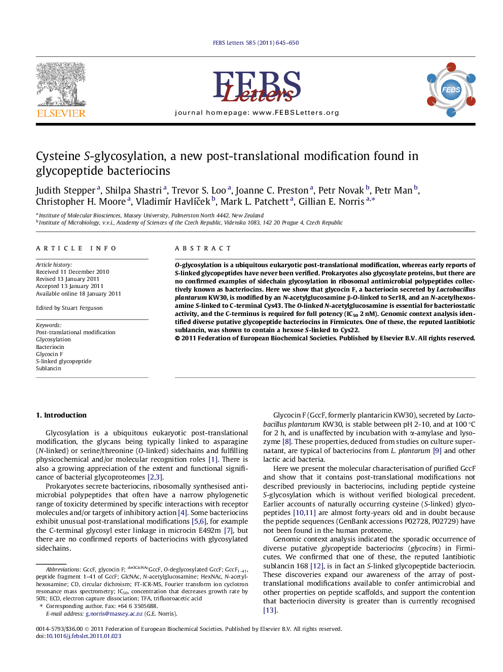 Cysteine S-glycosylation, a new post-translational modification found in glycopeptide bacteriocins