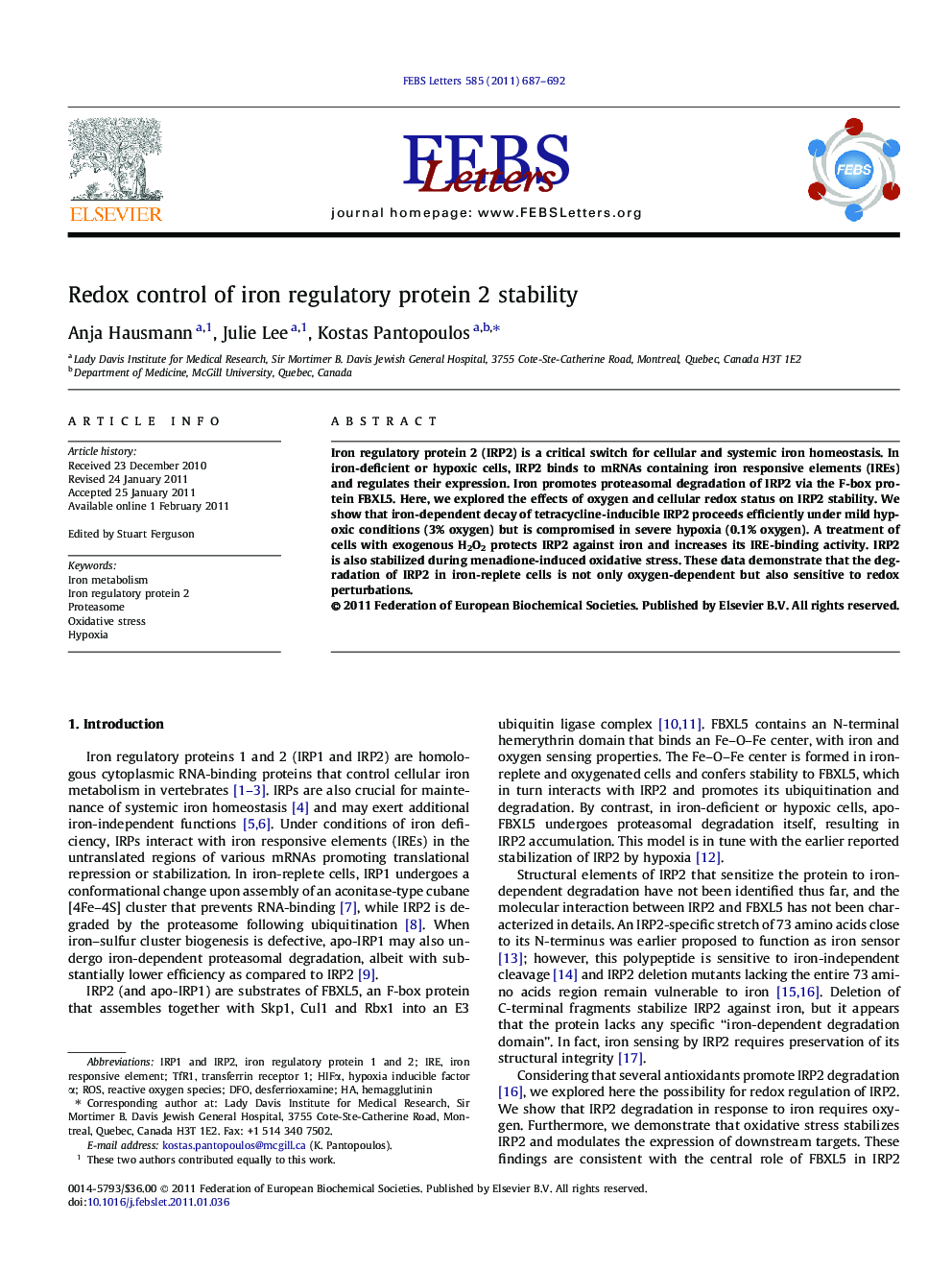 Redox control of iron regulatory protein 2 stability