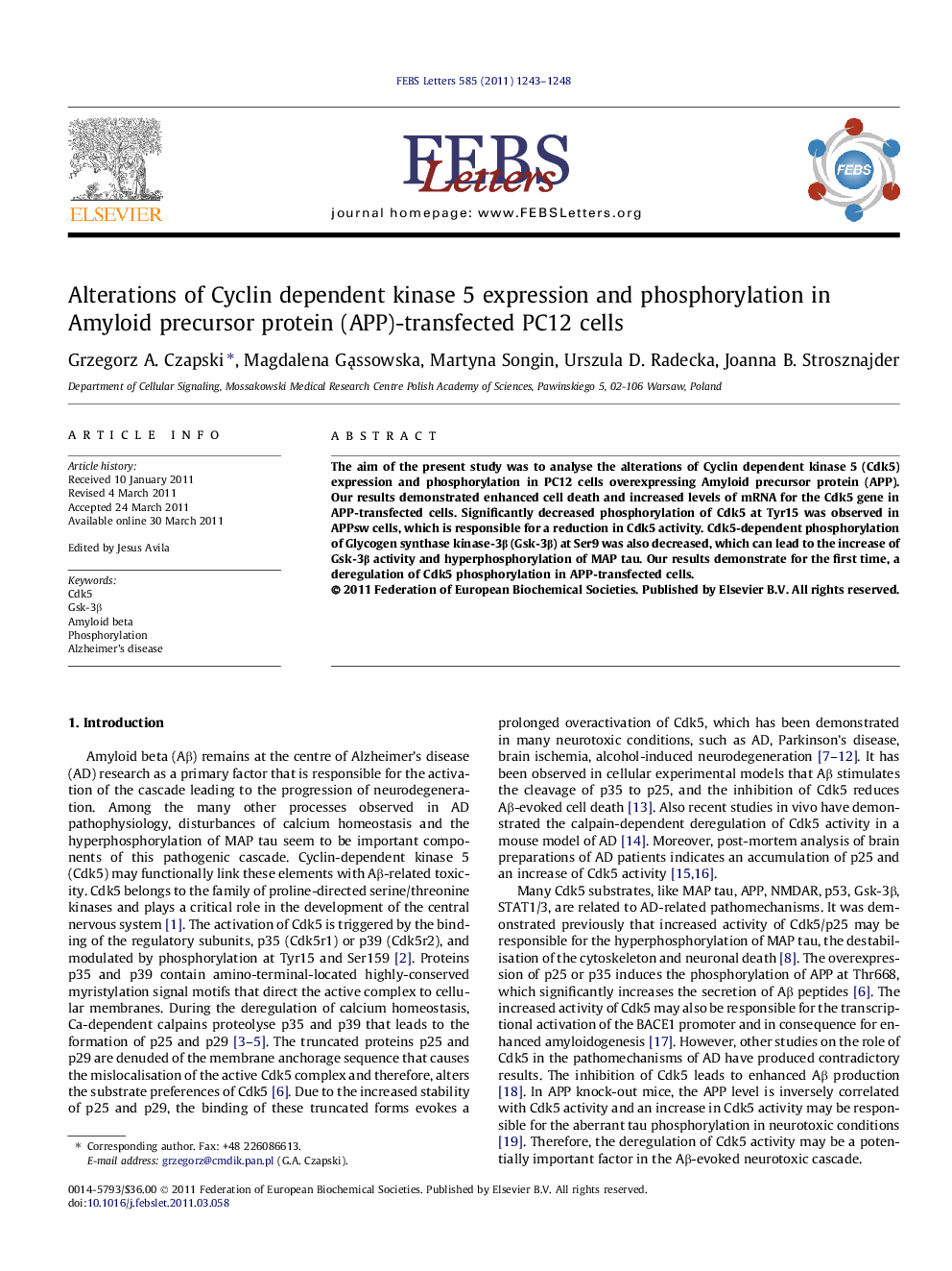 Alterations of Cyclin dependent kinase 5 expression and phosphorylation in Amyloid precursor protein (APP)-transfected PC12 cells