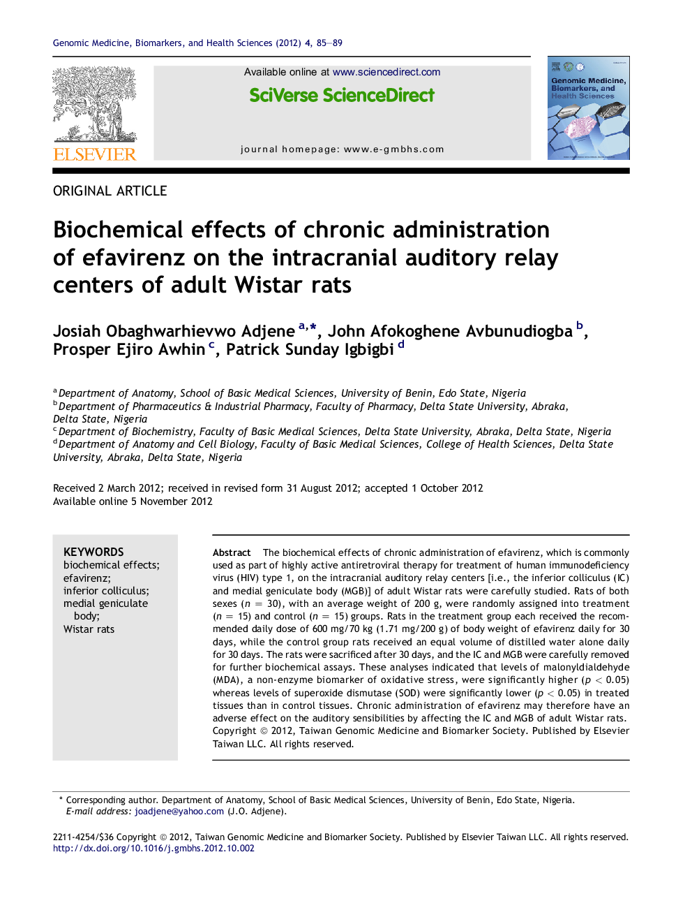 Biochemical effects of chronic administration of efavirenz on the intracranial auditory relay centers of adult Wistar rats