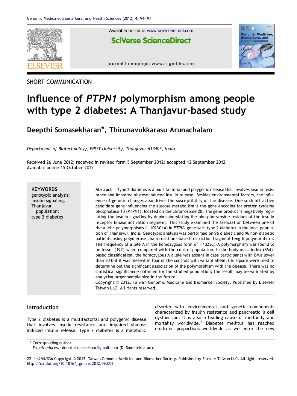 Influence of PTPN1 polymorphism among people with type 2 diabetes: A Thanjavur-based study