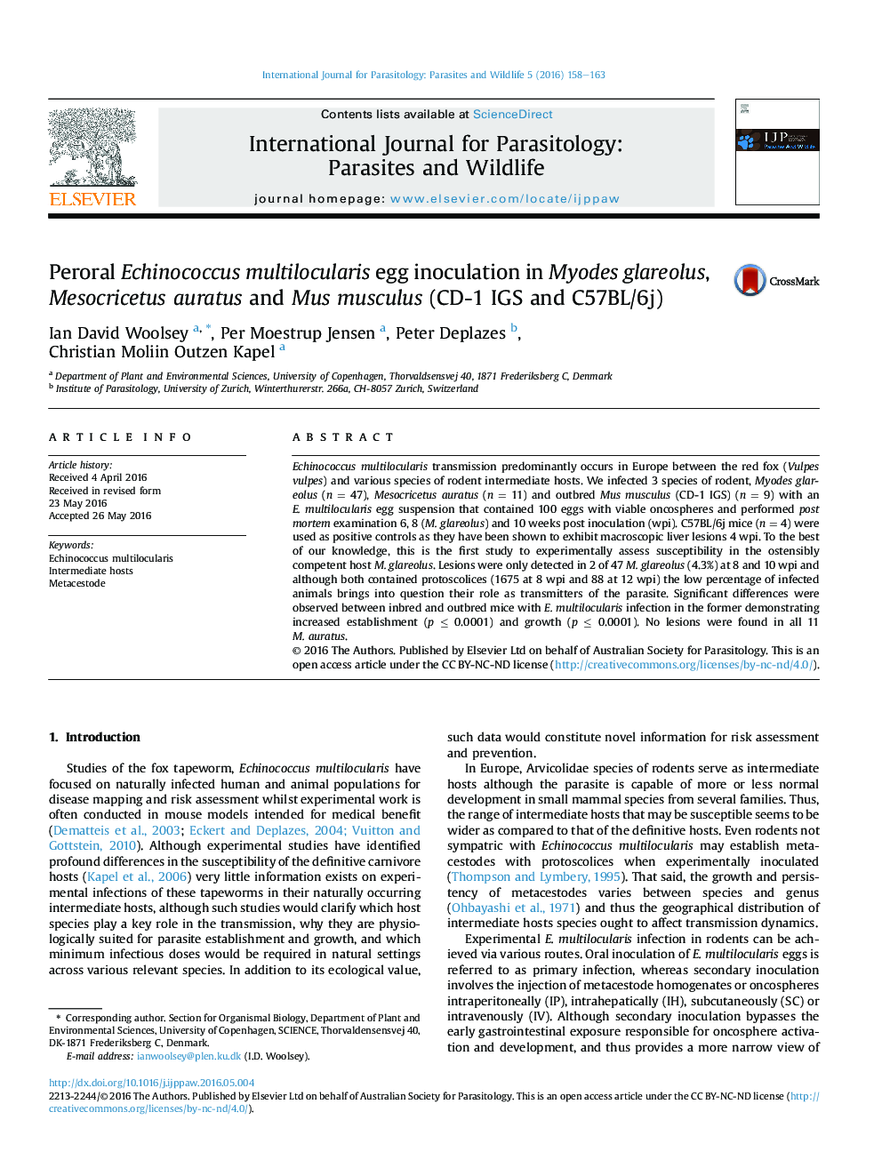 تلقیح تخم مرغ Peroral اکینوکوکوس multilocularis در glareolus Myodes، Mesocricetus auratus و موش musculus (CD-1 IGS و نژاد C57BL/6J)