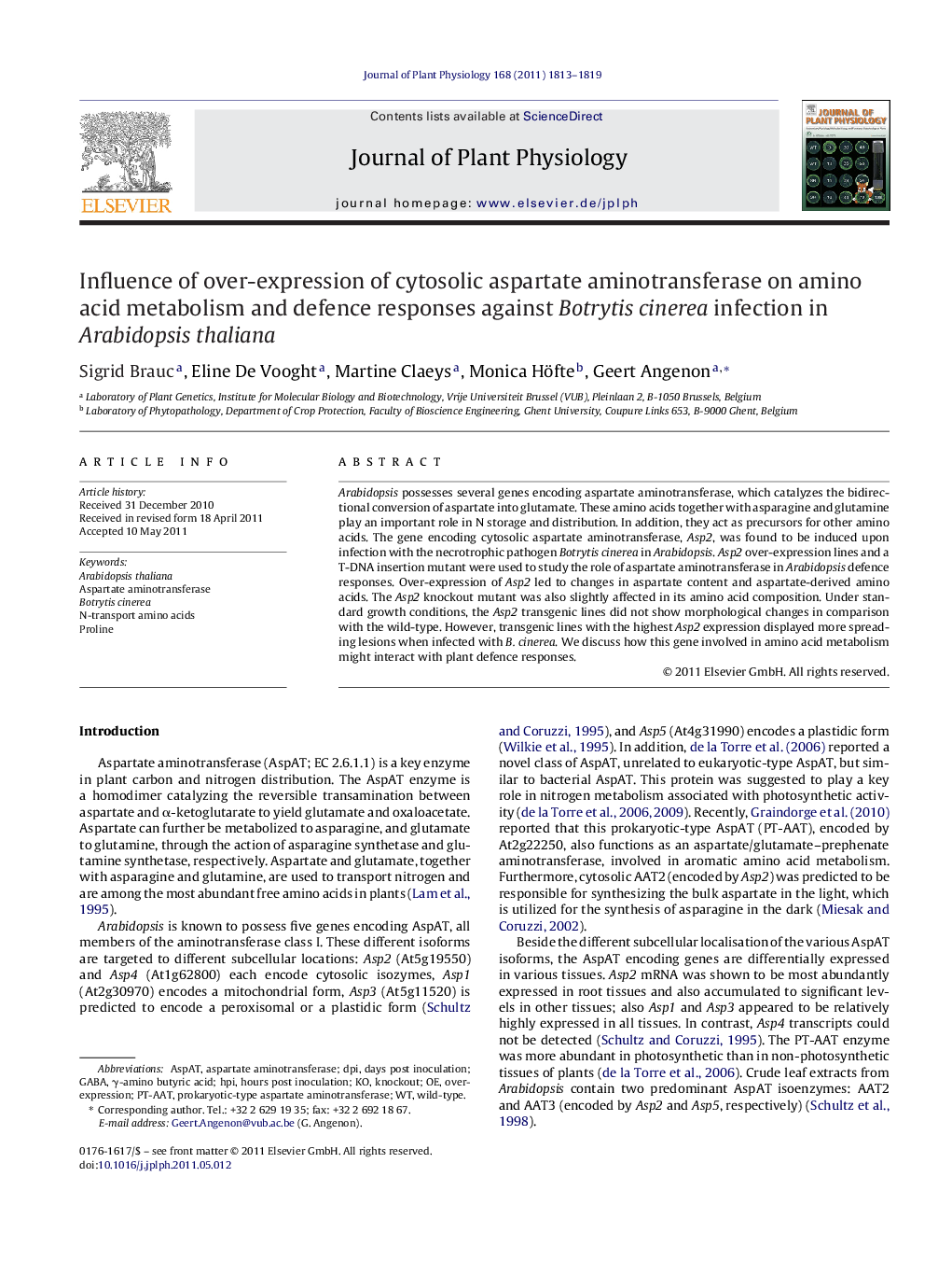 Influence of over-expression of cytosolic aspartate aminotransferase on amino acid metabolism and defence responses against Botrytis cinerea infection in Arabidopsis thaliana