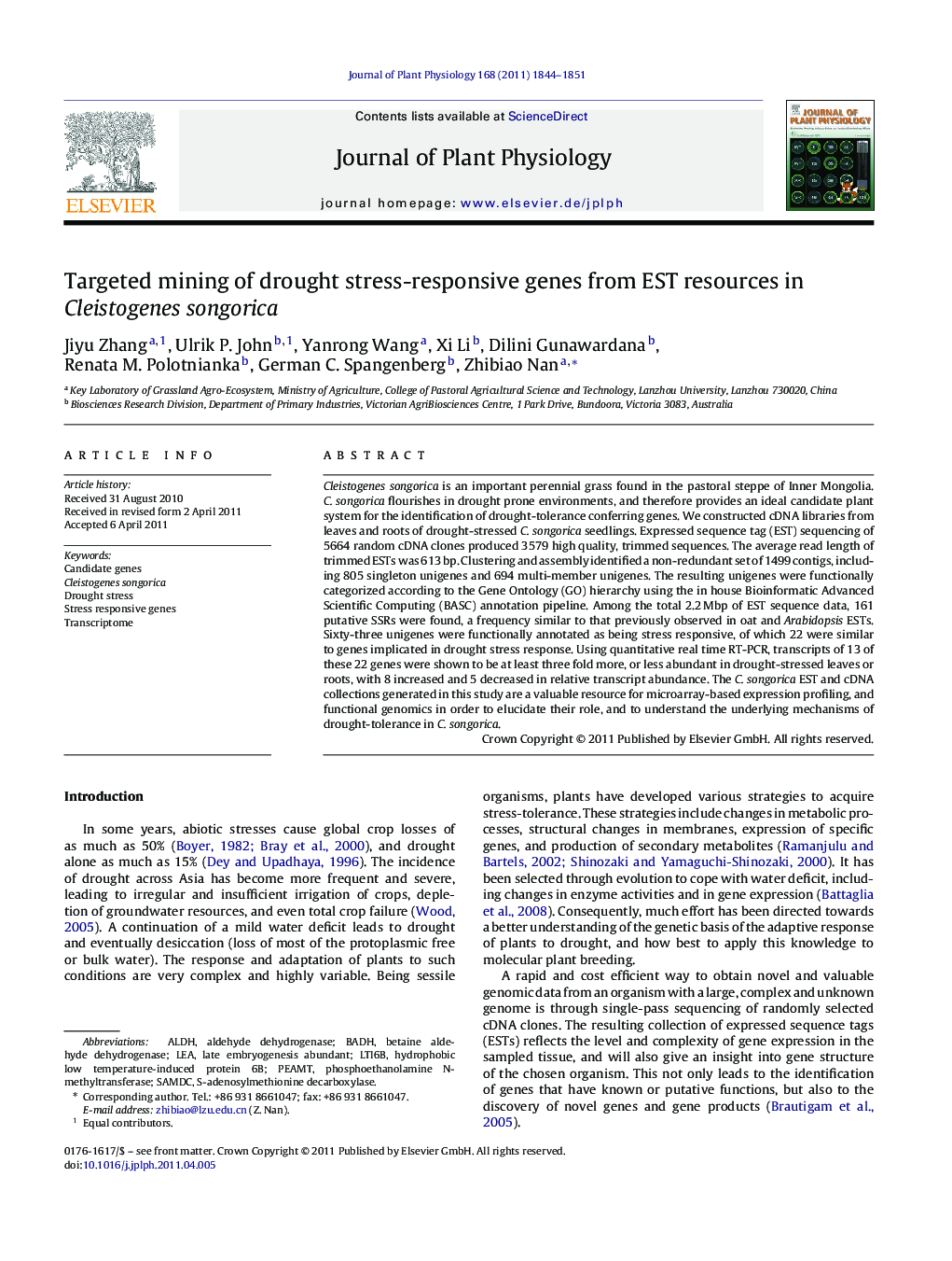 Targeted mining of drought stress-responsive genes from EST resources in Cleistogenes songorica