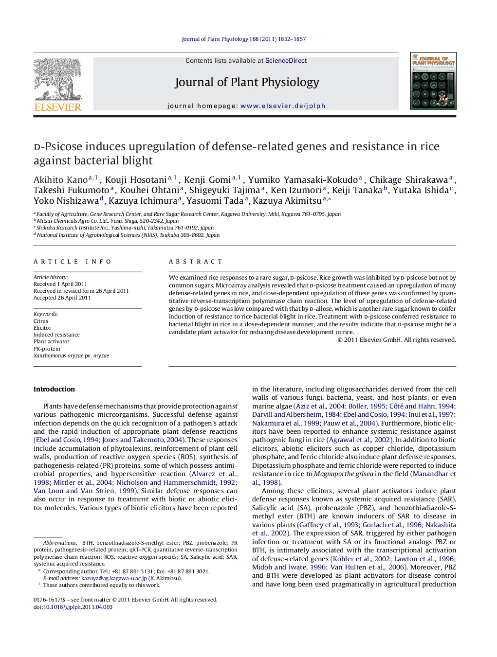 d-Psicose induces upregulation of defense-related genes and resistance in rice against bacterial blight