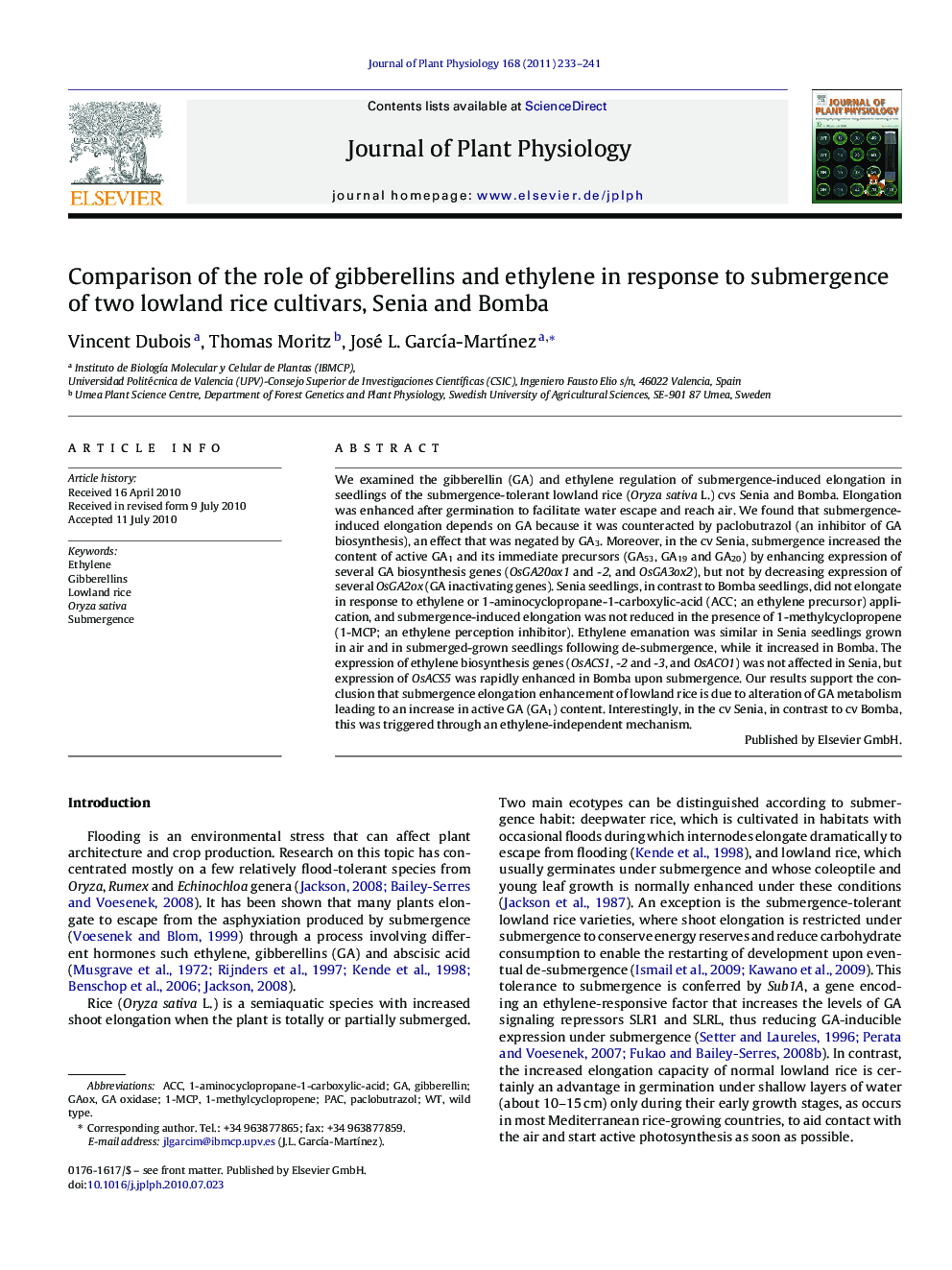 Comparison of the role of gibberellins and ethylene in response to submergence of two lowland rice cultivars, Senia and Bomba