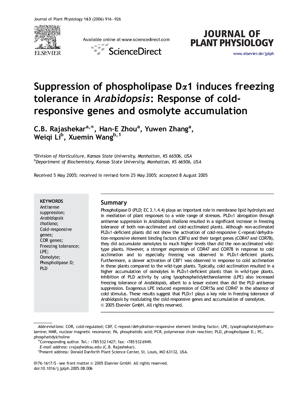 Suppression of phospholipase Dα1 induces freezing tolerance in Arabidopsis: Response of cold-responsive genes and osmolyte accumulation