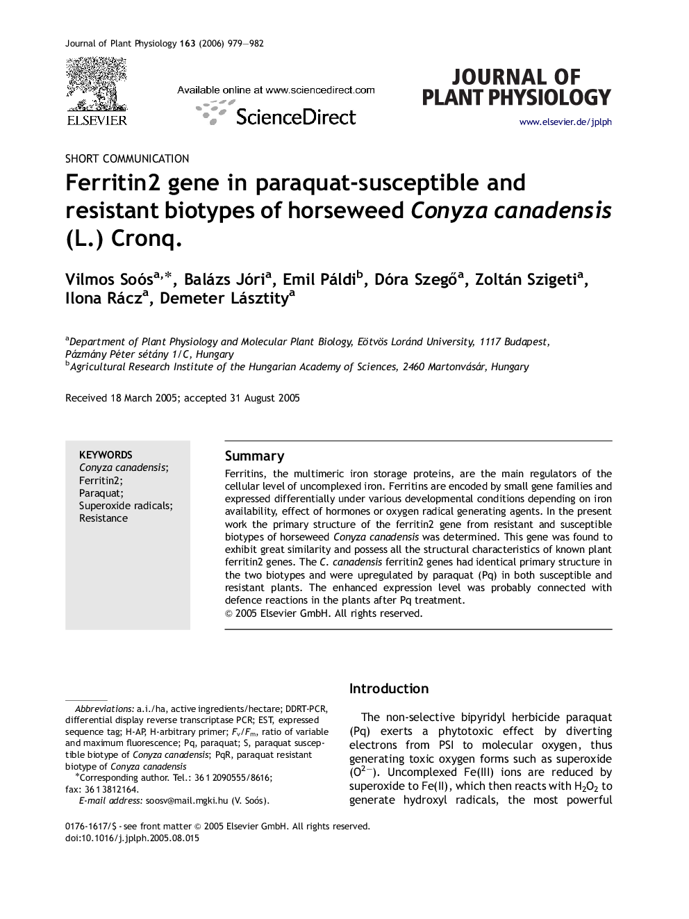 Ferritin2 gene in paraquat-susceptible and resistant biotypes of horseweed Conyza canadensis (L.) Cronq.