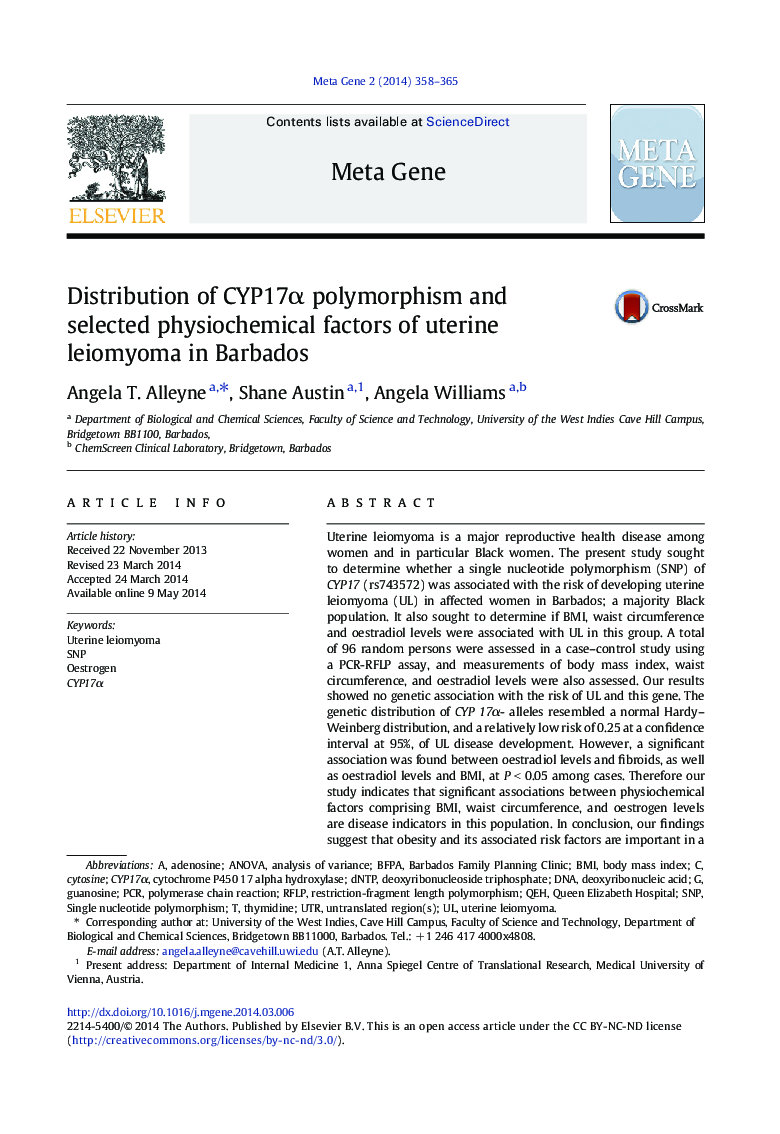 Distribution of CYP17α polymorphism and selected physiochemical factors of uterine leiomyoma in Barbados