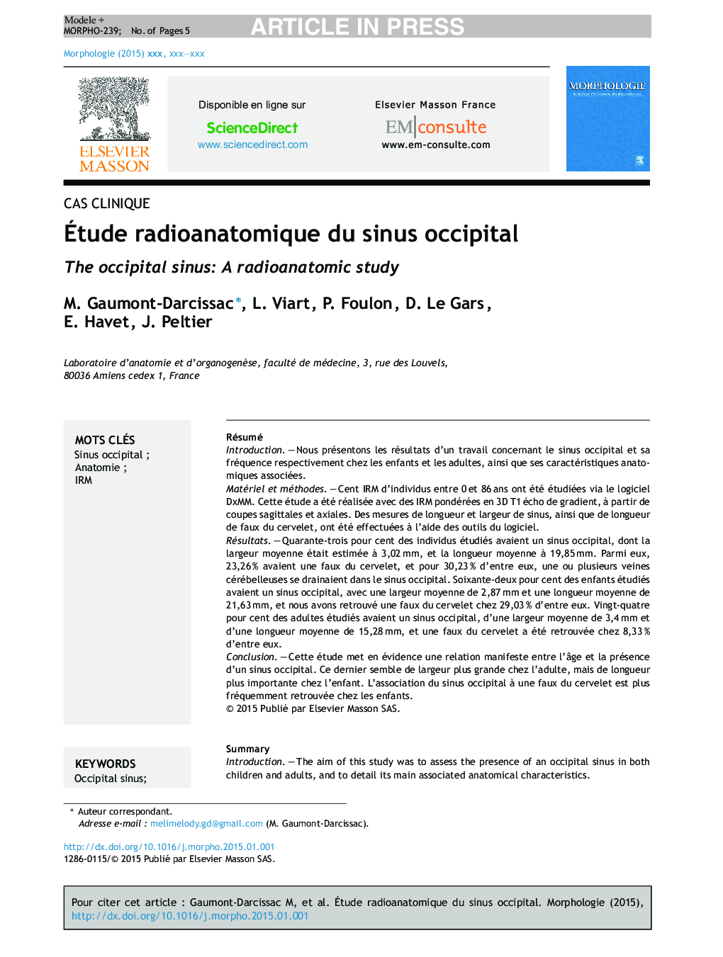 Ãtude radioanatomique du sinus occipital