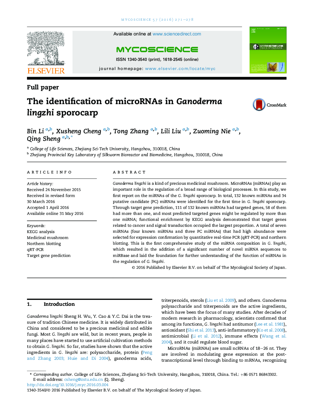 The identification of microRNAs in Ganoderma lingzhi sporocarp