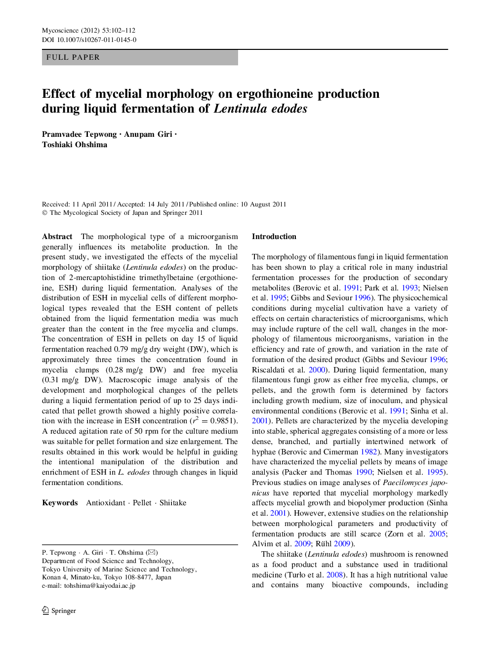 Effect of mycelial morphology on ergothioneine production during liquid fermentation of Lentinula edodes