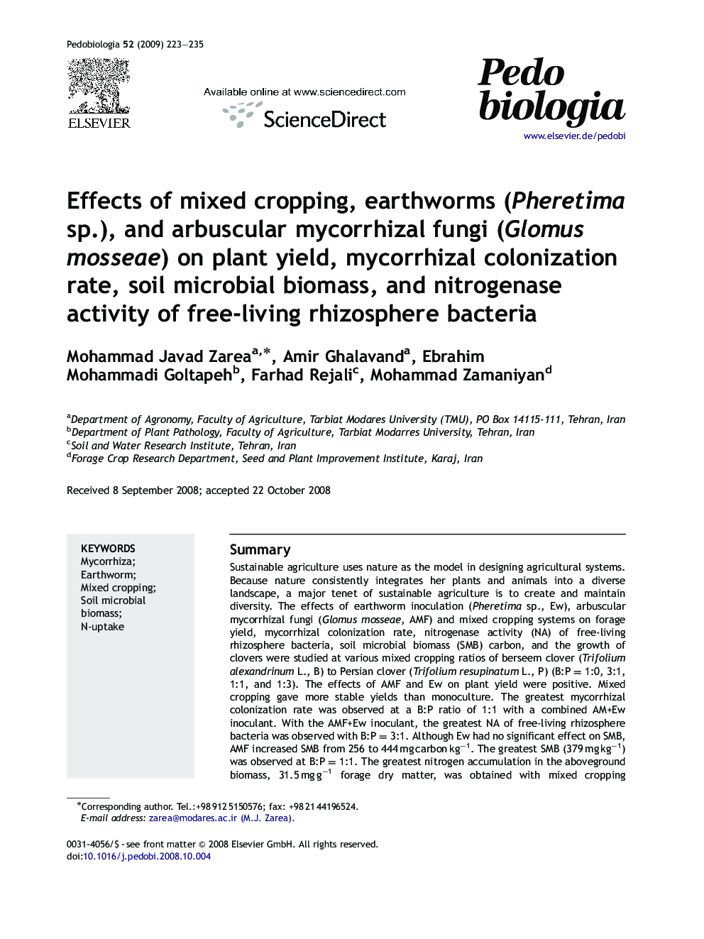 Effects of mixed cropping, earthworms (Pheretima sp.), and arbuscular mycorrhizal fungi (Glomus mosseae) on plant yield, mycorrhizal colonization rate, soil microbial biomass, and nitrogenase activity of free-living rhizosphere bacteria