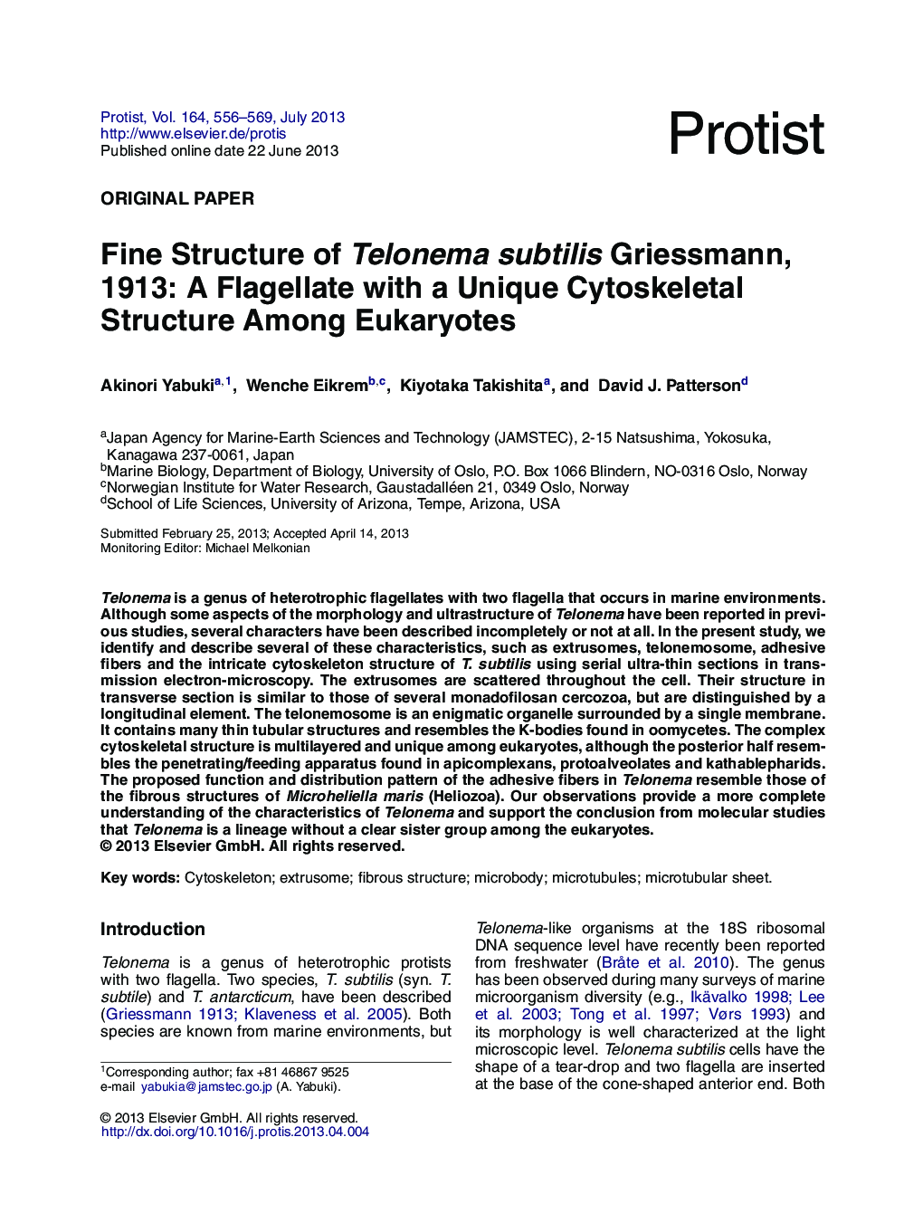 Fine Structure of Telonema subtilis Griessmann, 1913: A Flagellate with a Unique Cytoskeletal Structure Among Eukaryotes