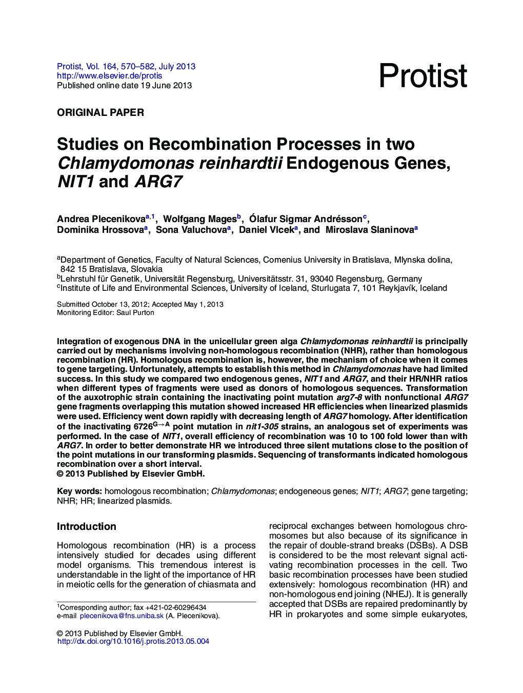 Studies on Recombination Processes in two Chlamydomonas reinhardtii Endogenous Genes, NIT1 and ARG7