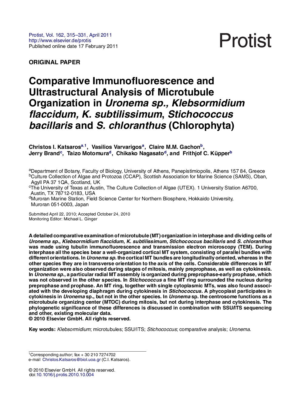Comparative Immunofluorescence and Ultrastructural Analysis of Microtubule Organization in Uronema sp., Klebsormidium flaccidum, K. subtilissimum, Stichococcus bacillaris and S. chloranthus (Chlorophyta)