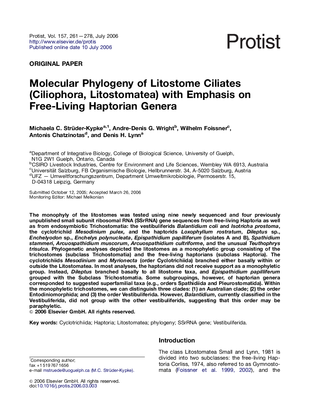 Molecular Phylogeny of Litostome Ciliates (Ciliophora, Litostomatea) with Emphasis on Free-Living Haptorian Genera