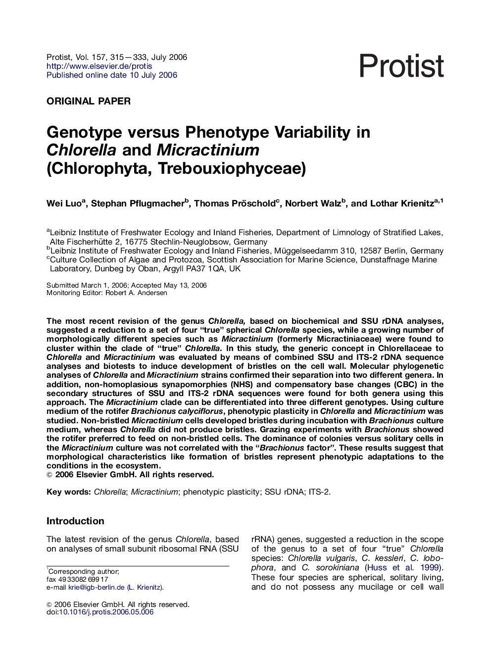 Genotype versus Phenotype Variability in Chlorella and Micractinium (Chlorophyta, Trebouxiophyceae)