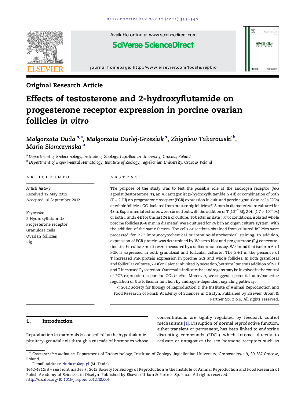 Effects of testosterone and 2-hydroxyflutamide on progesterone receptor expression in porcine ovarian follicles in vitro