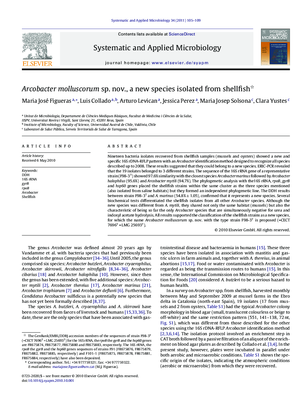 Arcobacter molluscorum sp. nov., a new species isolated from shellfish 