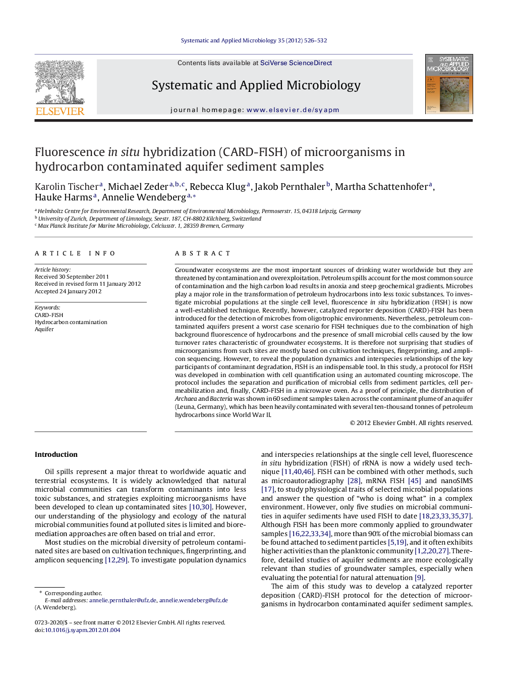 Fluorescence in situ hybridization (CARD-FISH) of microorganisms in hydrocarbon contaminated aquifer sediment samples