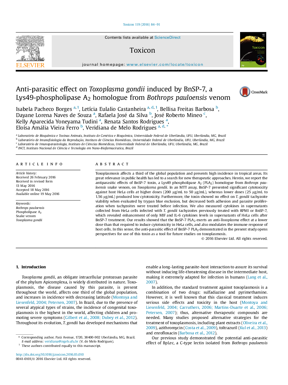 Anti-parasitic effect on Toxoplasma gondii induced by BnSP-7, a Lys49-phospholipase A2 homologue from Bothrops pauloensis venom