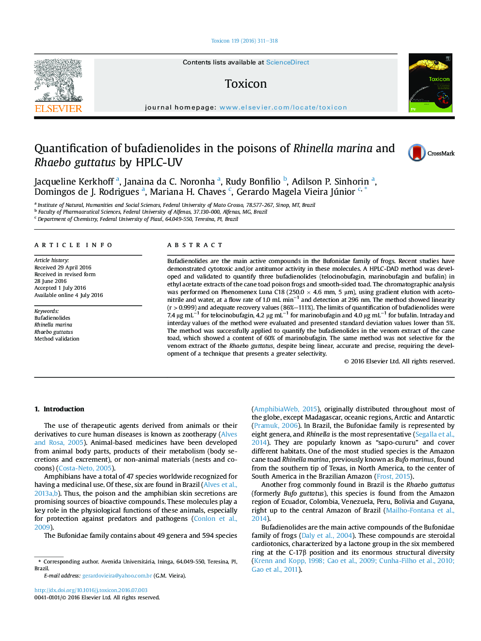 Quantification of bufadienolides in the poisons of Rhinella marina and Rhaebo guttatus by HPLC-UV