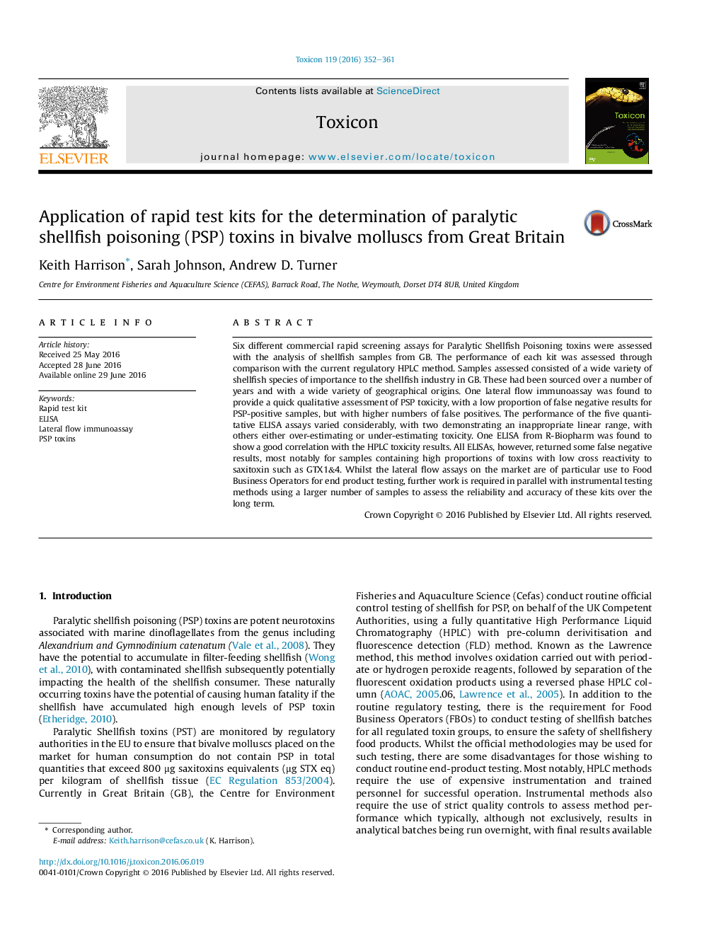 Application of rapid test kits for the determination of paralytic shellfish poisoning (PSP) toxins in bivalve molluscs from Great Britain