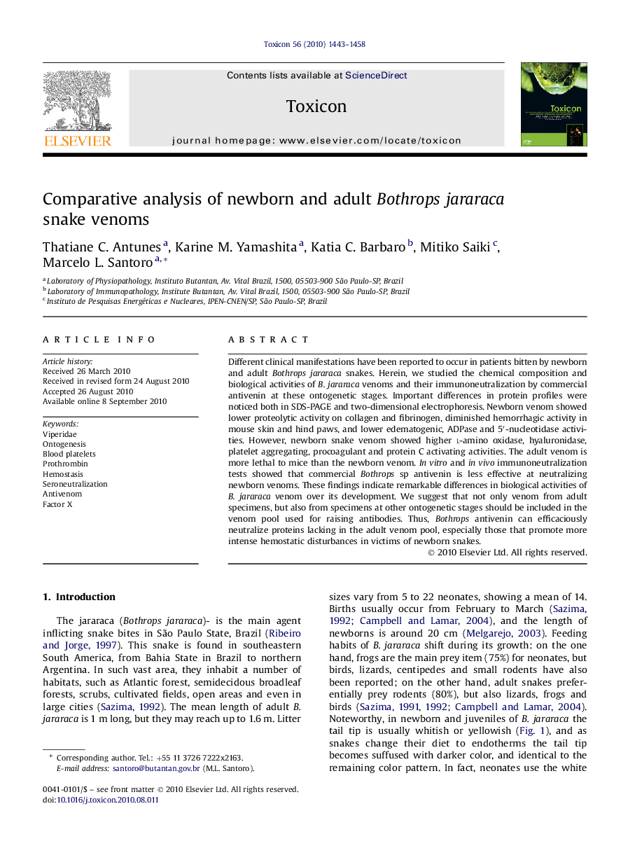 Comparative analysis of newborn and adult Bothrops jararaca snake venoms