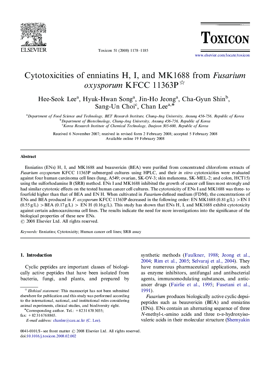 Cytotoxicities of enniatins H, I, and MK1688 from Fusarium oxysporum KFCC 11363P 