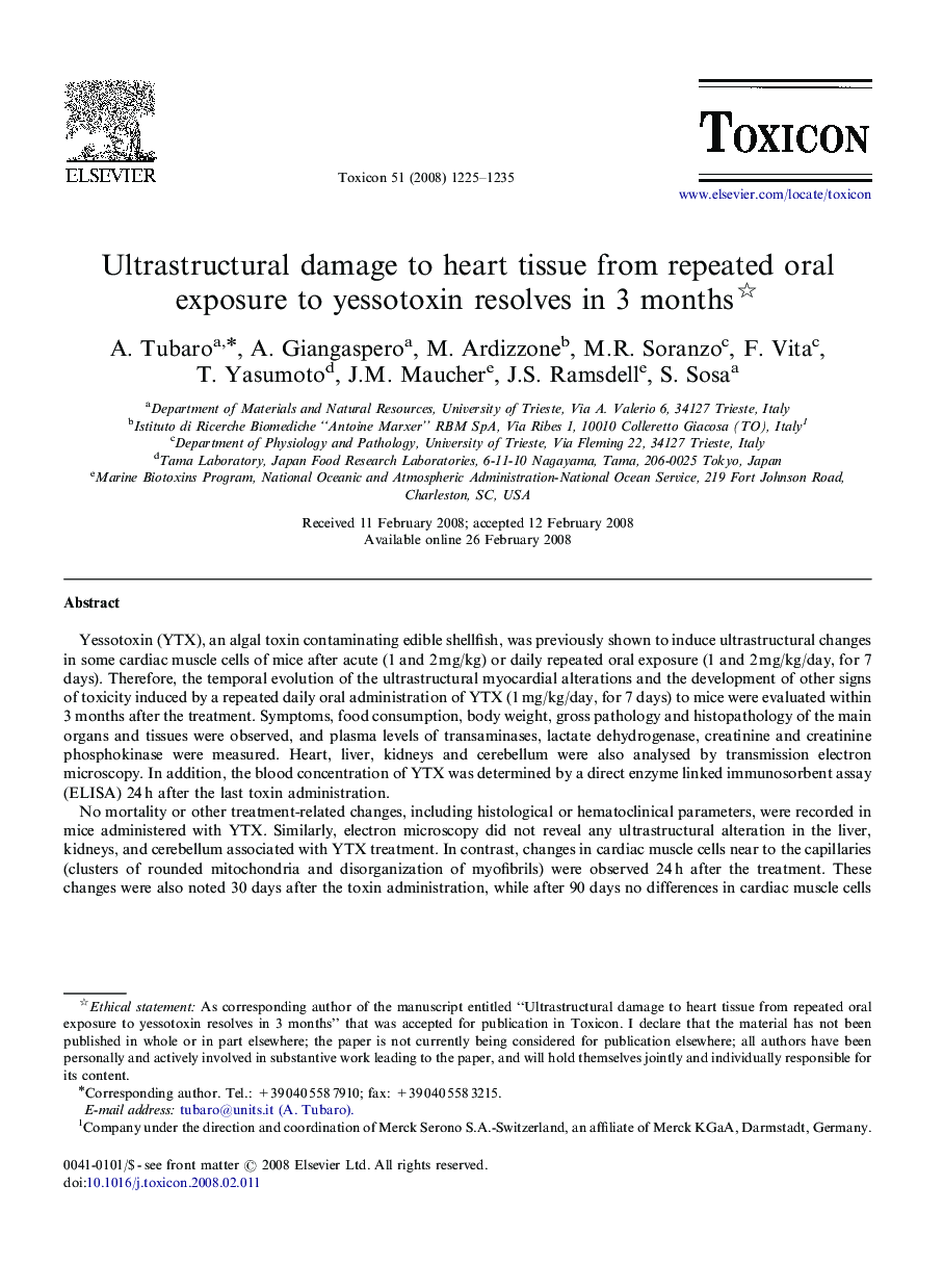 Ultrastructural damage to heart tissue from repeated oral exposure to yessotoxin resolves in 3 months 
