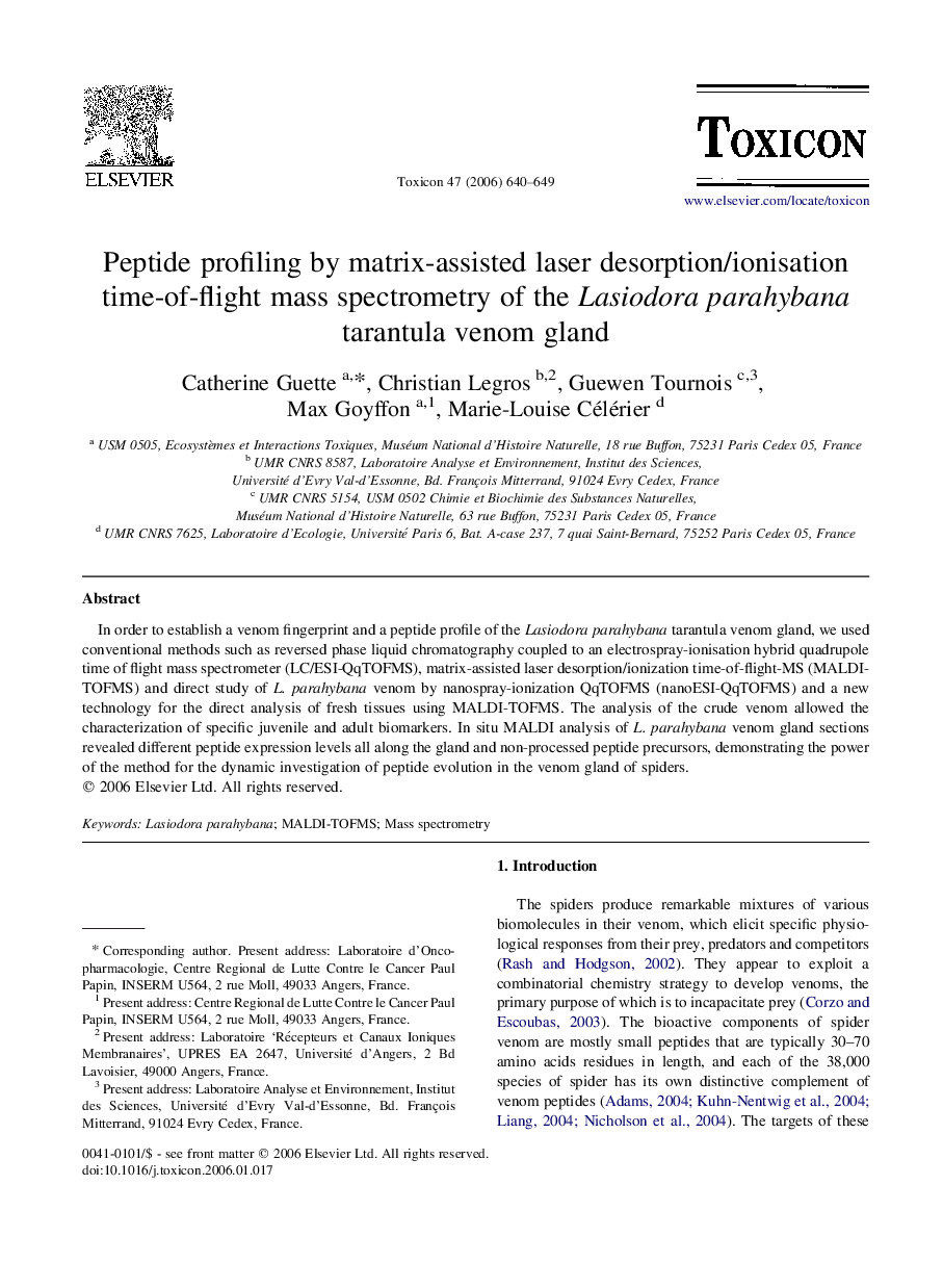 Peptide profiling by matrix-assisted laser desorption/ionisation time-of-flight mass spectrometry of the Lasiodora parahybana tarantula venom gland