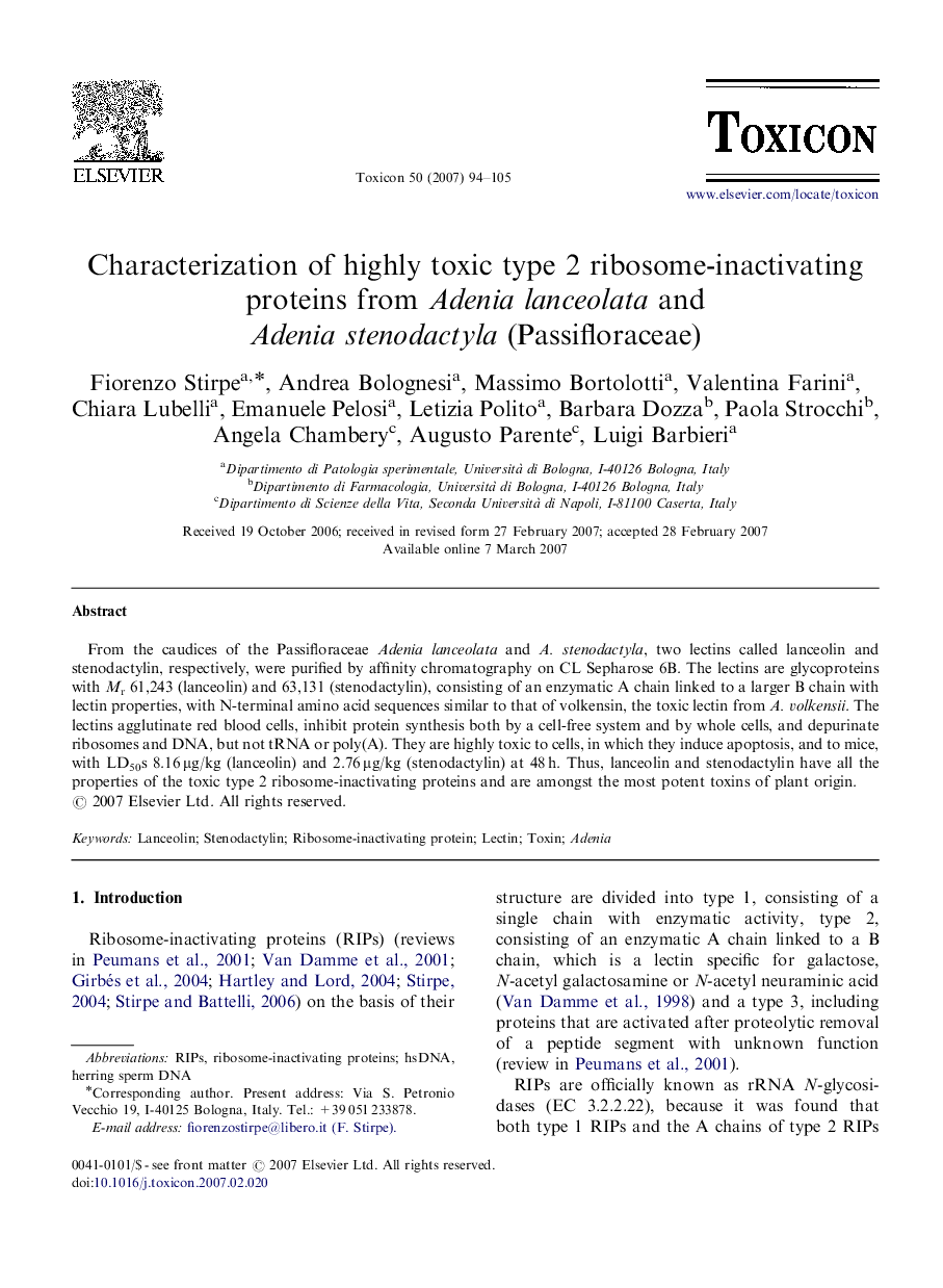 Characterization of highly toxic type 2 ribosome-inactivating proteins from Adenia lanceolata and Adenia stenodactyla (Passifloraceae)