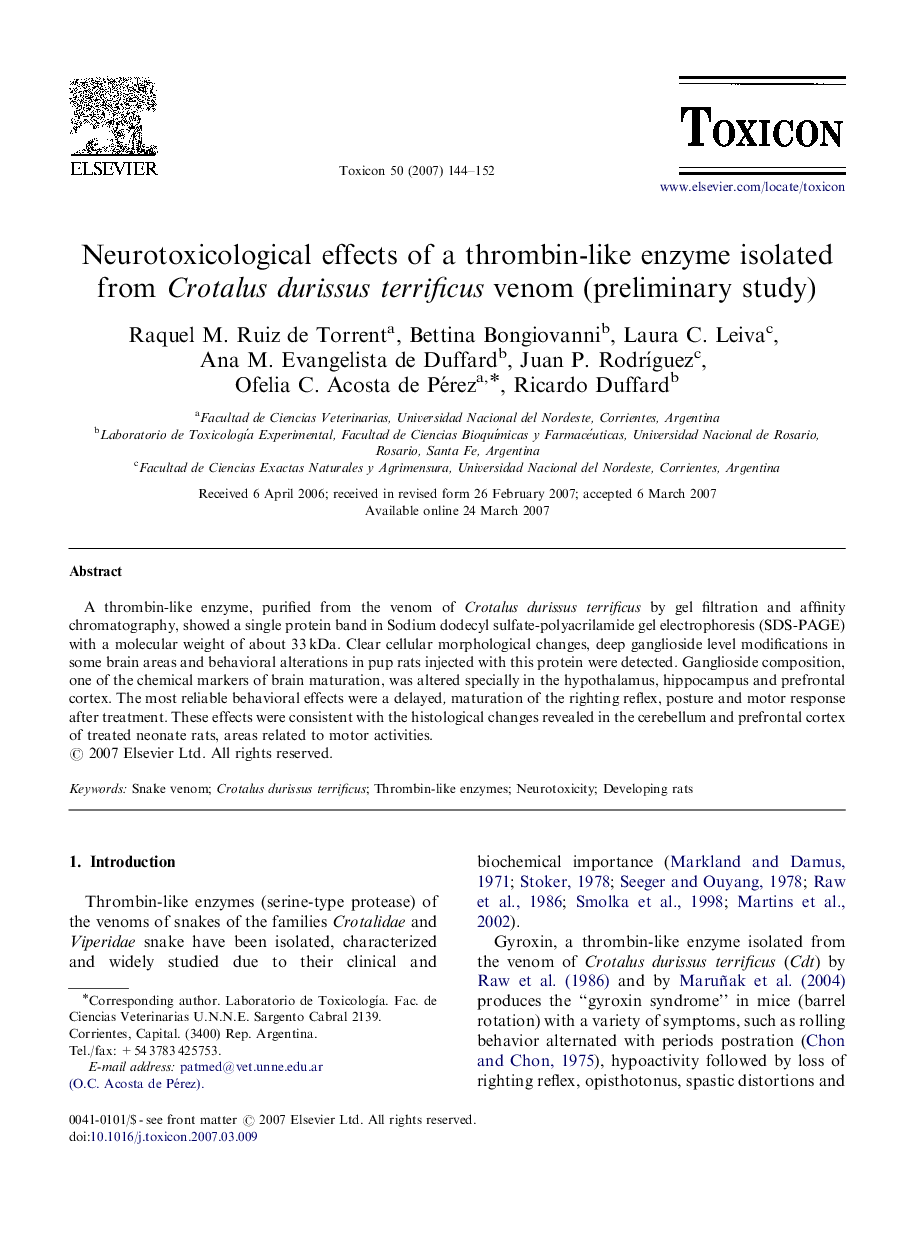 Neurotoxicological effects of a thrombin-like enzyme isolated from Crotalus durissus terrificus venom (preliminary study)