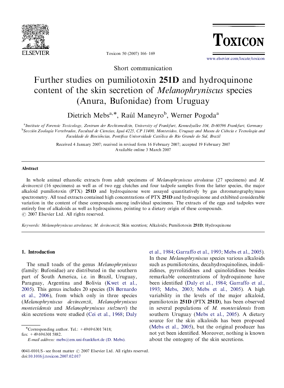 Further studies on pumiliotoxin 251D and hydroquinone content of the skin secretion of Melanophryniscus species (Anura, Bufonidae) from Uruguay