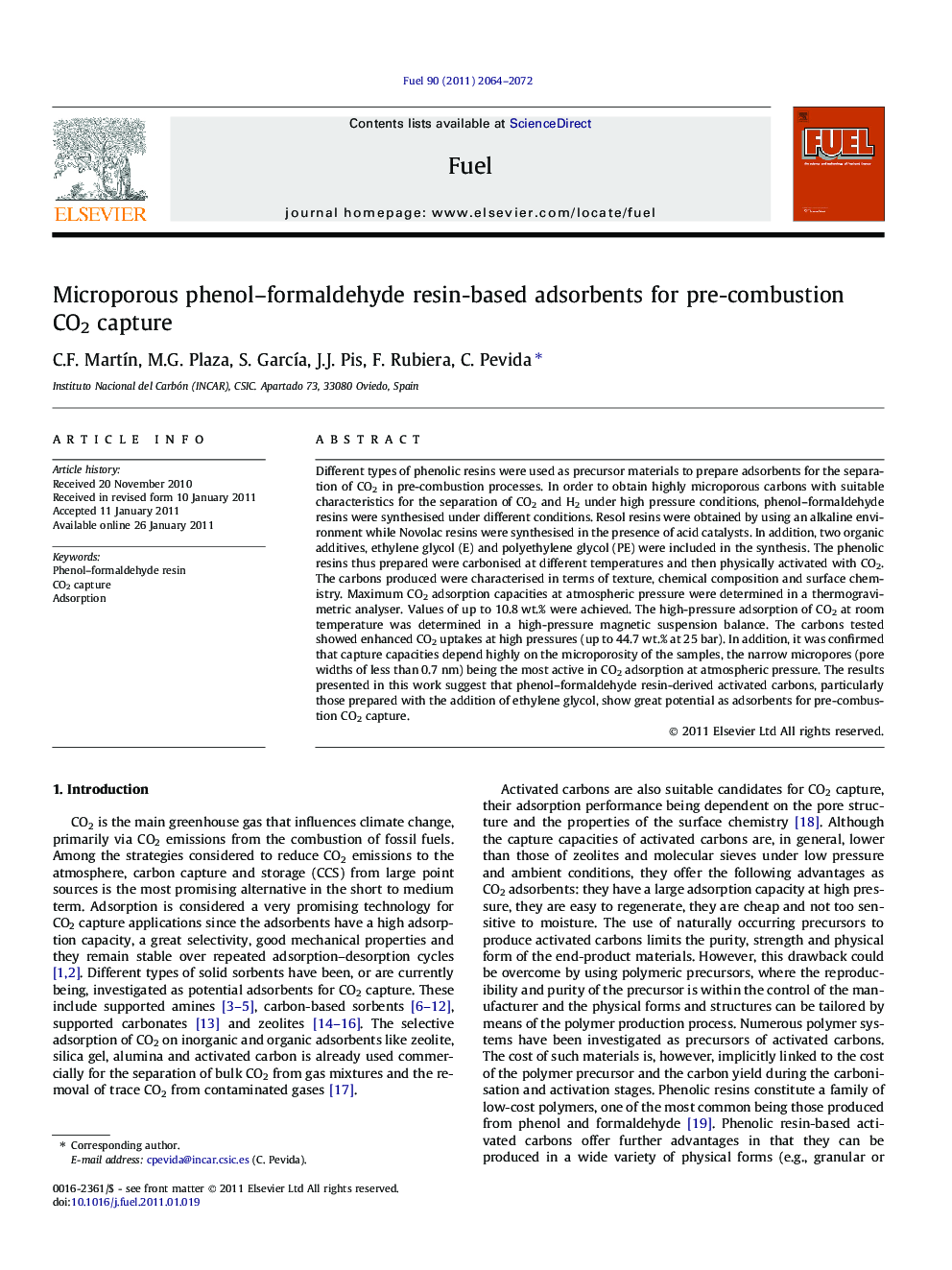 Microporous phenol–formaldehyde resin-based adsorbents for pre-combustion CO2 capture