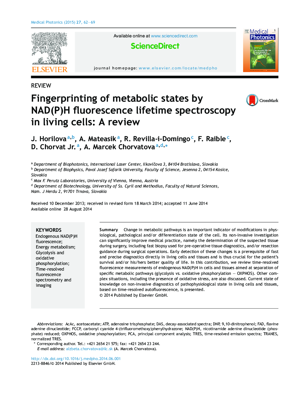 Fingerprinting of metabolic states by NAD(P)H fluorescence lifetime spectroscopy in living cells: A review