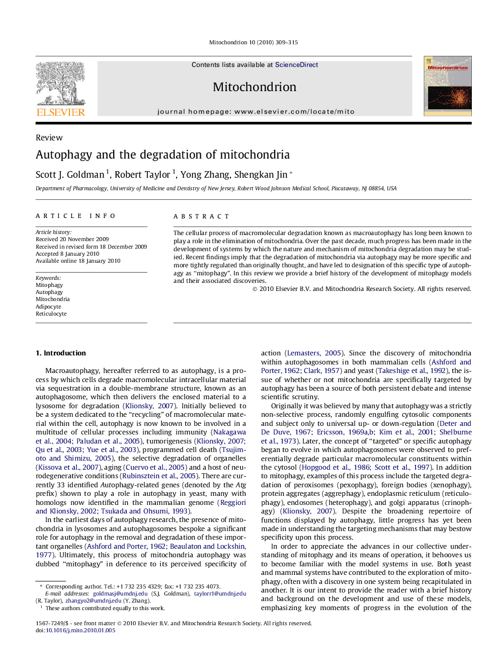 Autophagy and the degradation of mitochondria