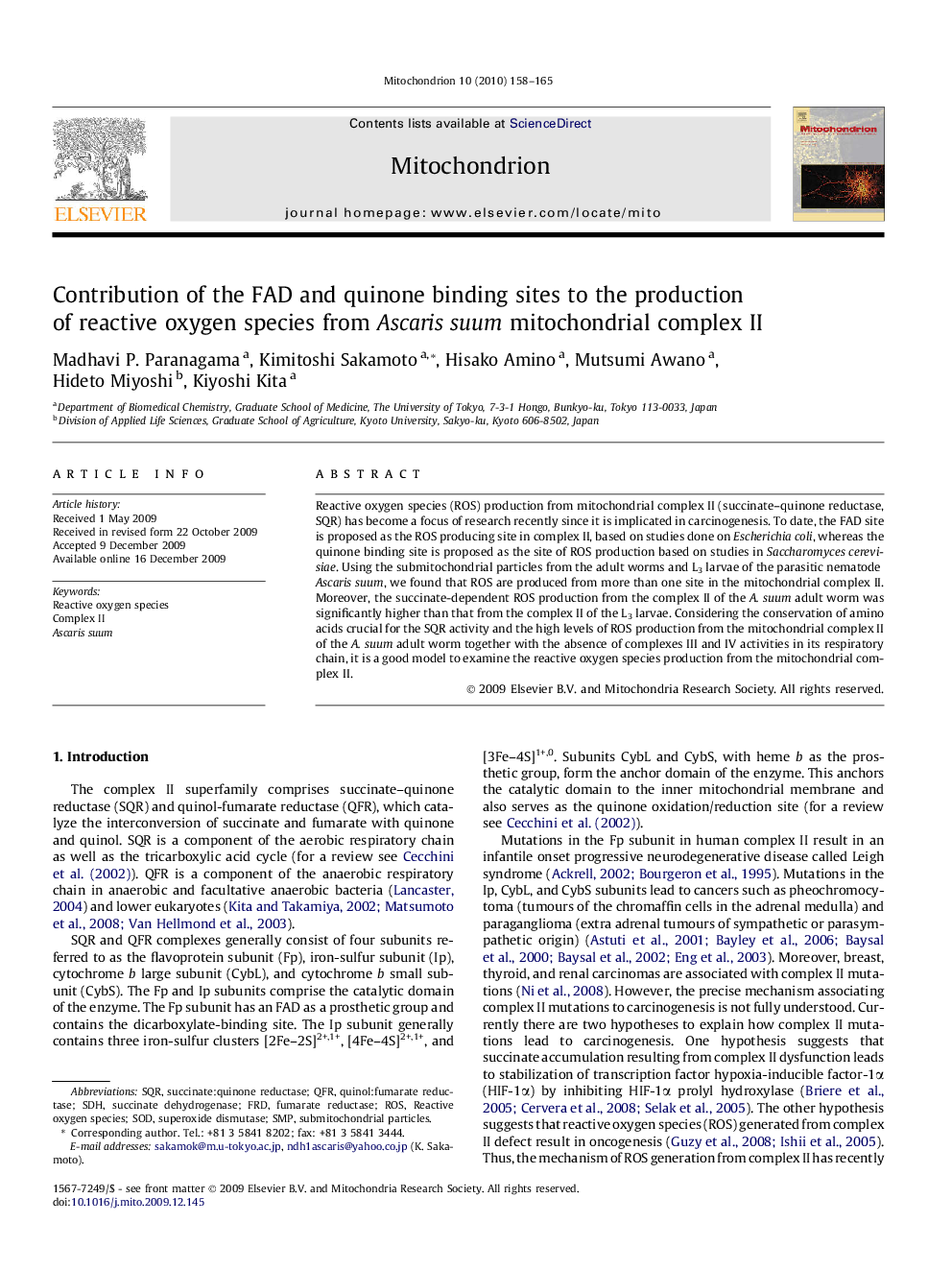 Contribution of the FAD and quinone binding sites to the production of reactive oxygen species from Ascaris suum mitochondrial complex II