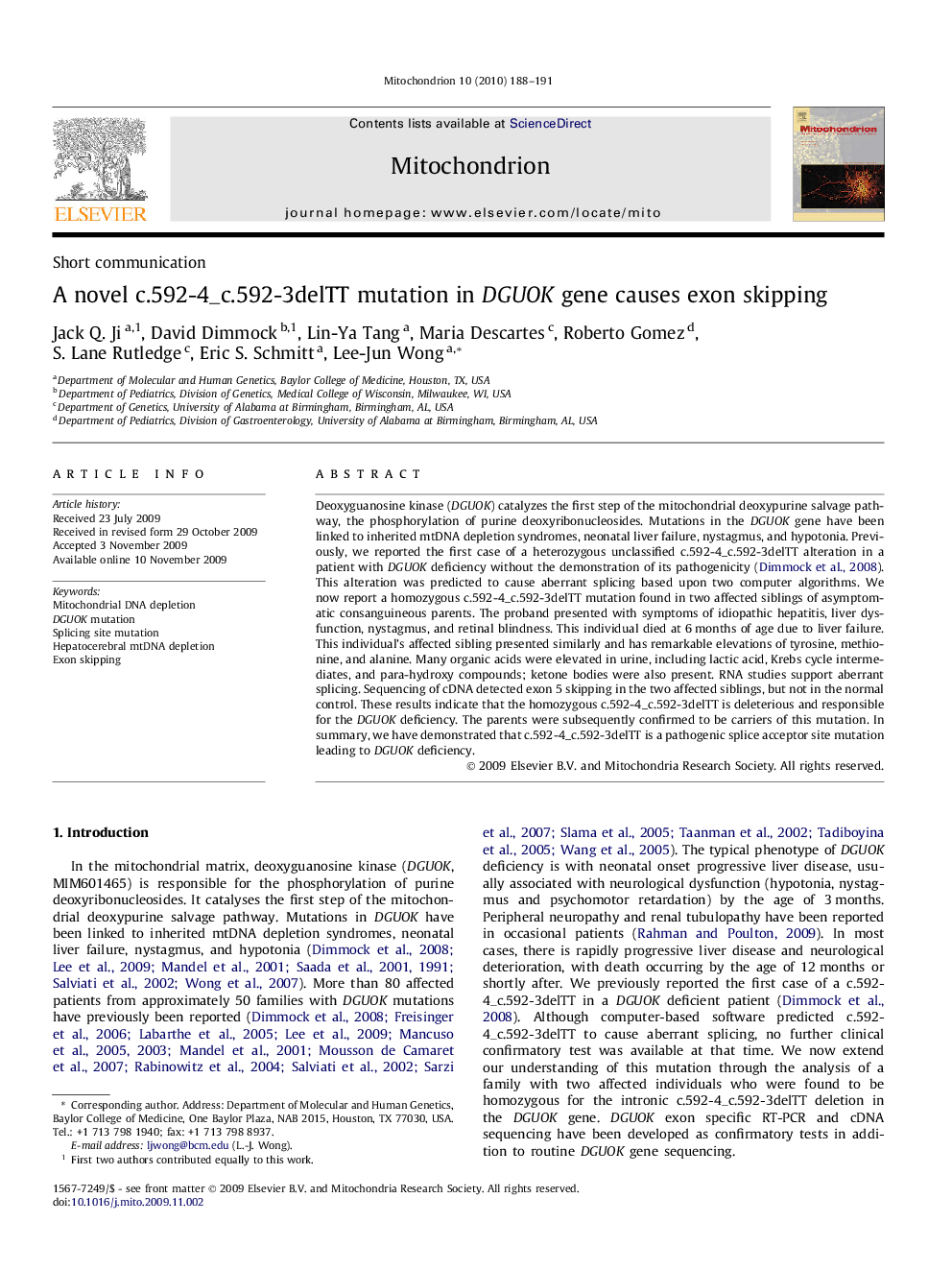 A novel c.592-4_c.592-3delTT mutation in DGUOK gene causes exon skipping