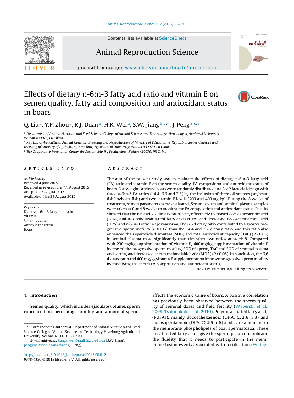 Effects of dietary n-6:n-3 fatty acid ratio and vitamin E on semen quality, fatty acid composition and antioxidant status in boars