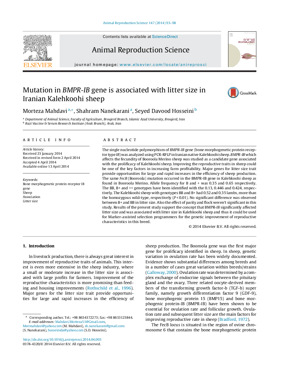 Mutation in BMPR-IB gene is associated with litter size in Iranian Kalehkoohi sheep