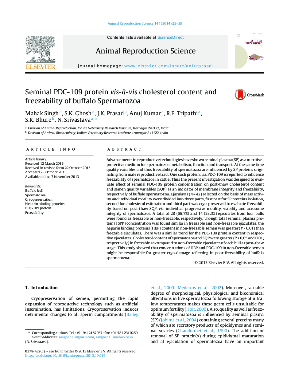 Seminal PDC-109 protein vis-à-vis cholesterol content and freezability of buffalo Spermatozoa