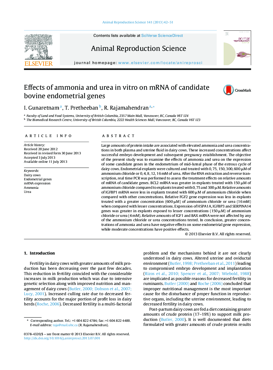 Effects of ammonia and urea in vitro on mRNA of candidate bovine endometrial genes
