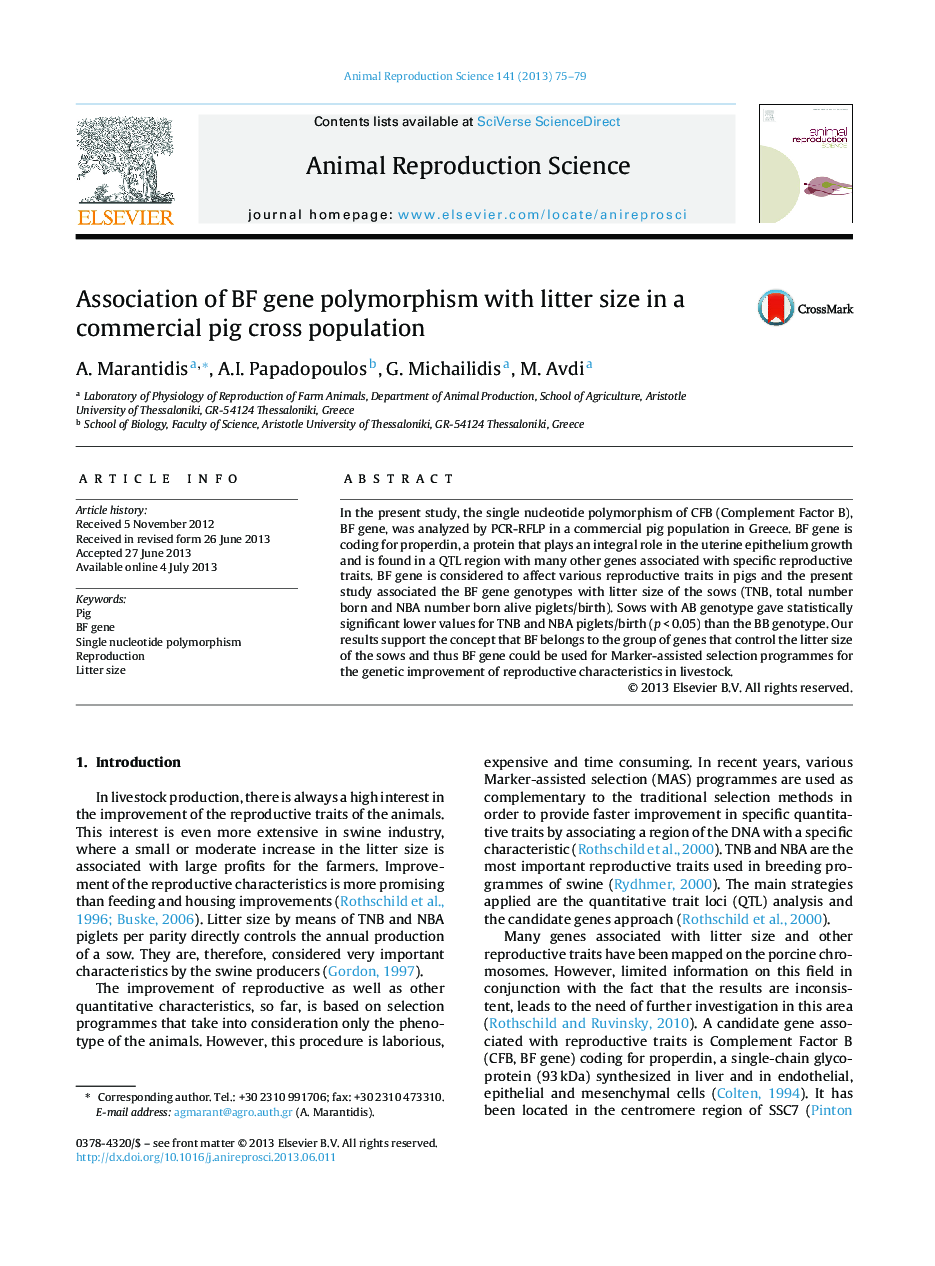 Association of BF gene polymorphism with litter size in a commercial pig cross population