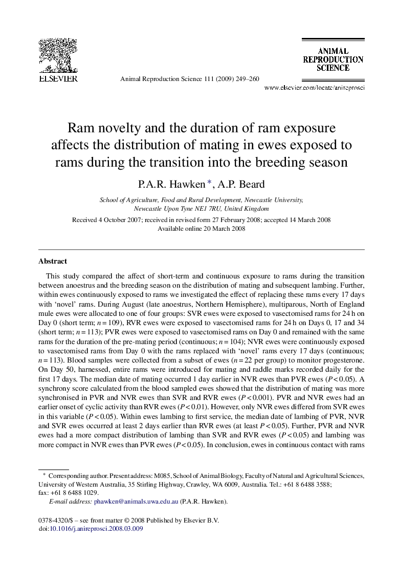 Ram novelty and the duration of ram exposure affects the distribution of mating in ewes exposed to rams during the transition into the breeding season