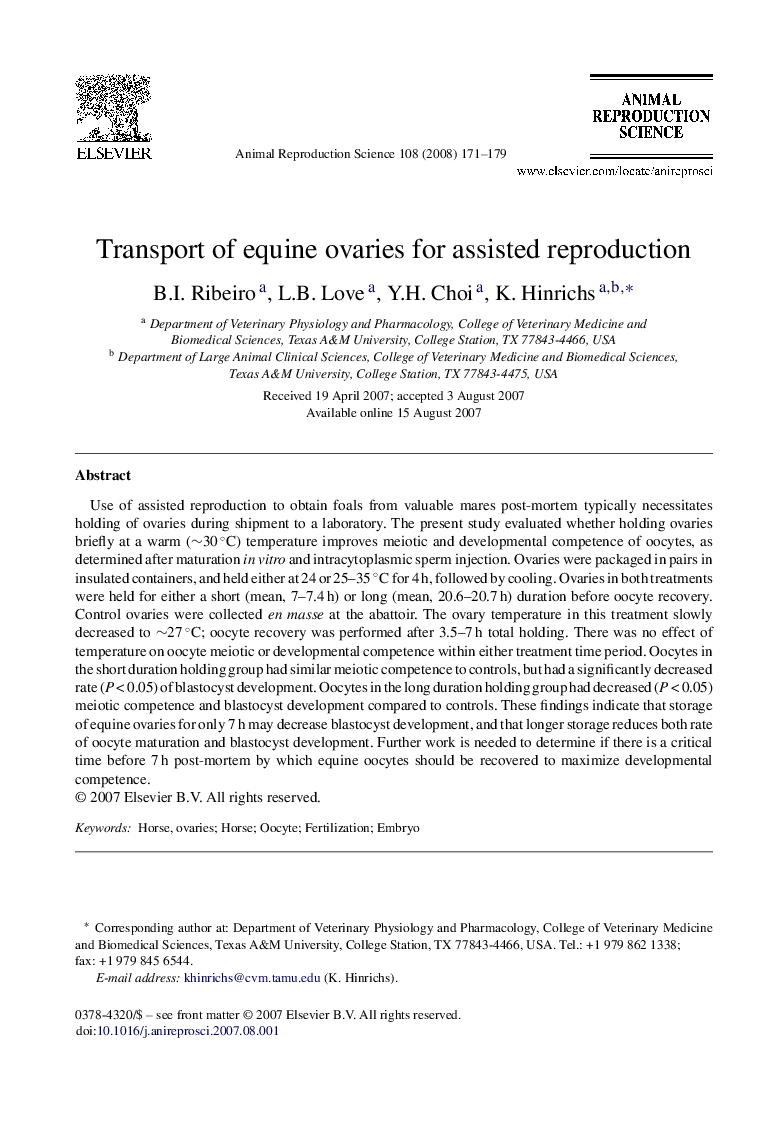 Transport of equine ovaries for assisted reproduction