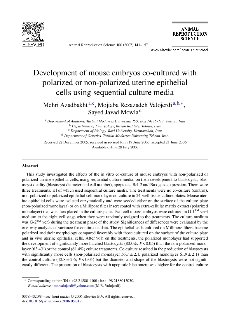 Development of mouse embryos co-cultured with polarized or non-polarized uterine epithelial cells using sequential culture media