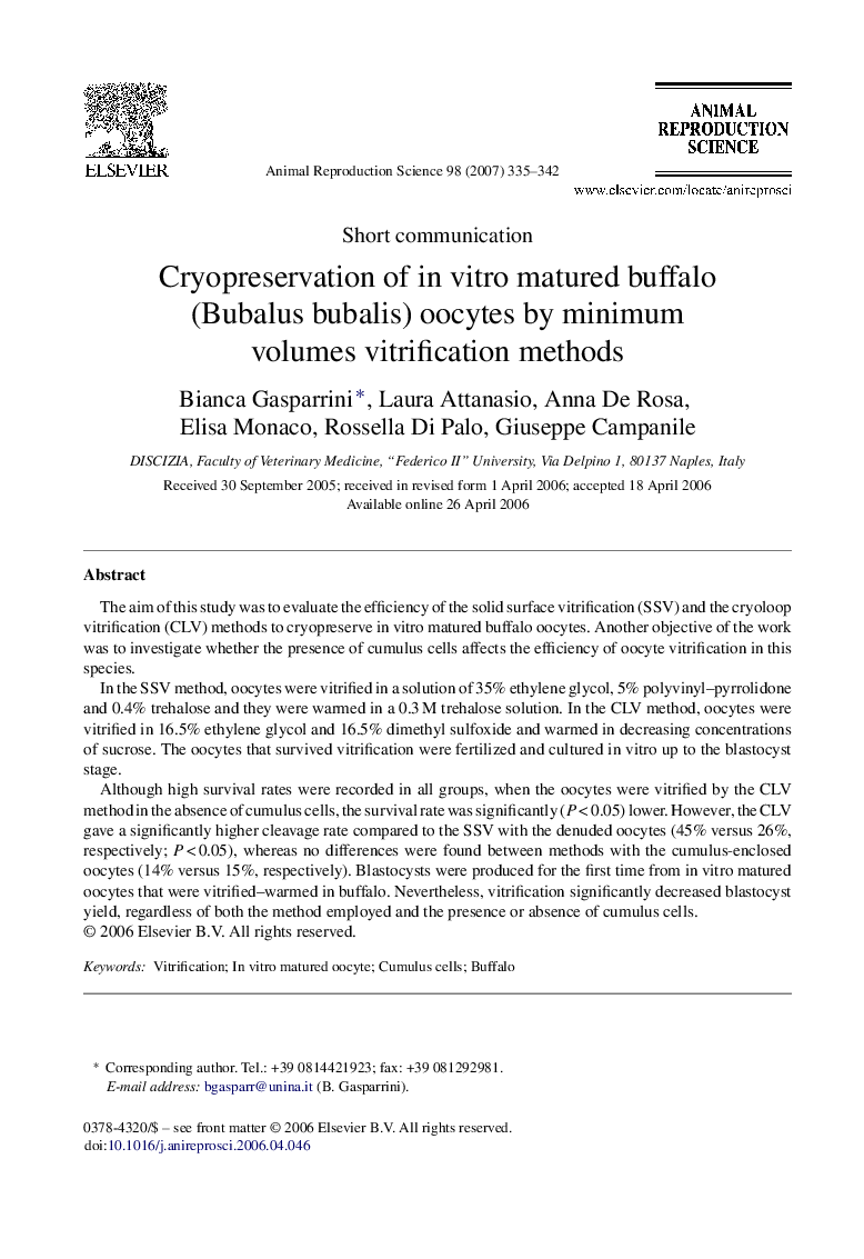 Cryopreservation of in vitro matured buffalo (Bubalus bubalis) oocytes by minimum volumes vitrification methods